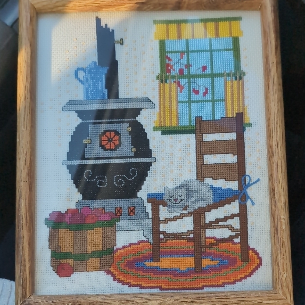Framed Cross-Stitch Art with Cat and Stove